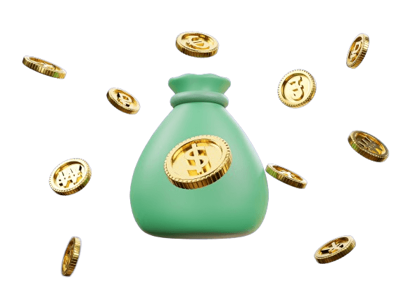 Imagem de um pequeno saco de moedas, na cor verde clara, com a boca amarrada, ao mesmo tempo em que caem sobre ele pequenas moedas douradas.